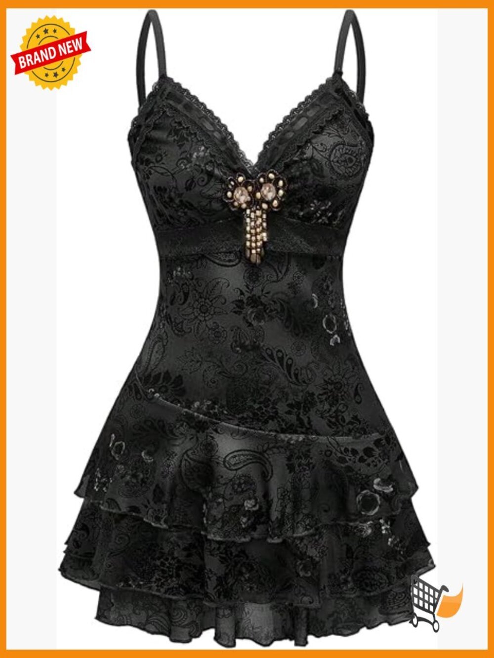 Vintage Boho Beaded Ruffle Lace Paisley Tiered Mini Summer Dress